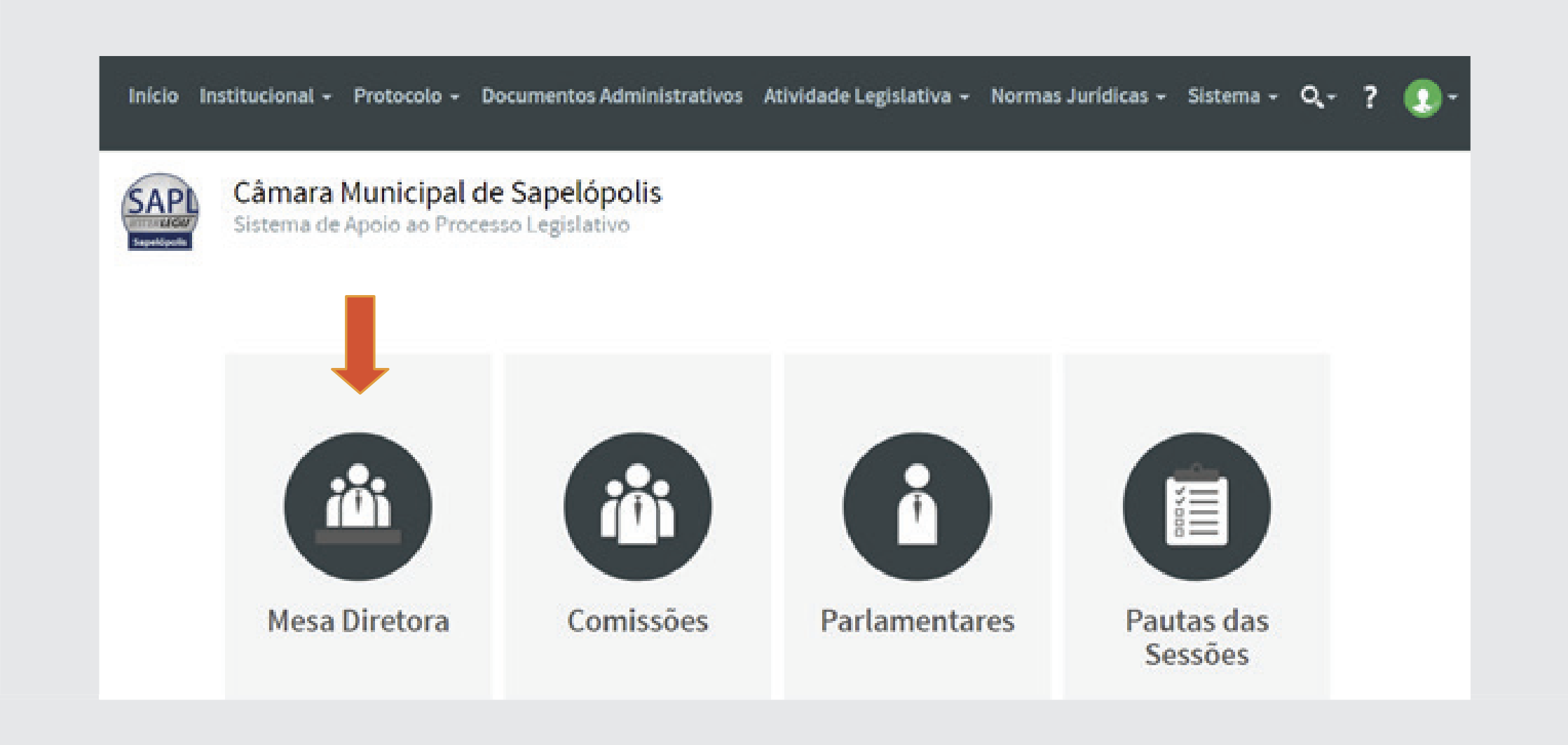 No menu horizontal, clique na opção Início para retornar à tela principal. Selecione o ícone Mesa Diretora